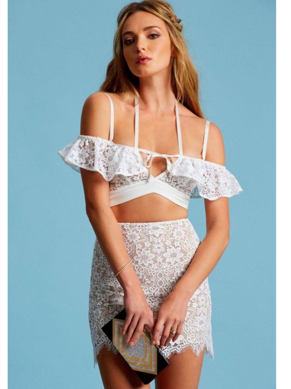 For Love and Lemons white Rosemary Lace Off Shoulder Crop Top S